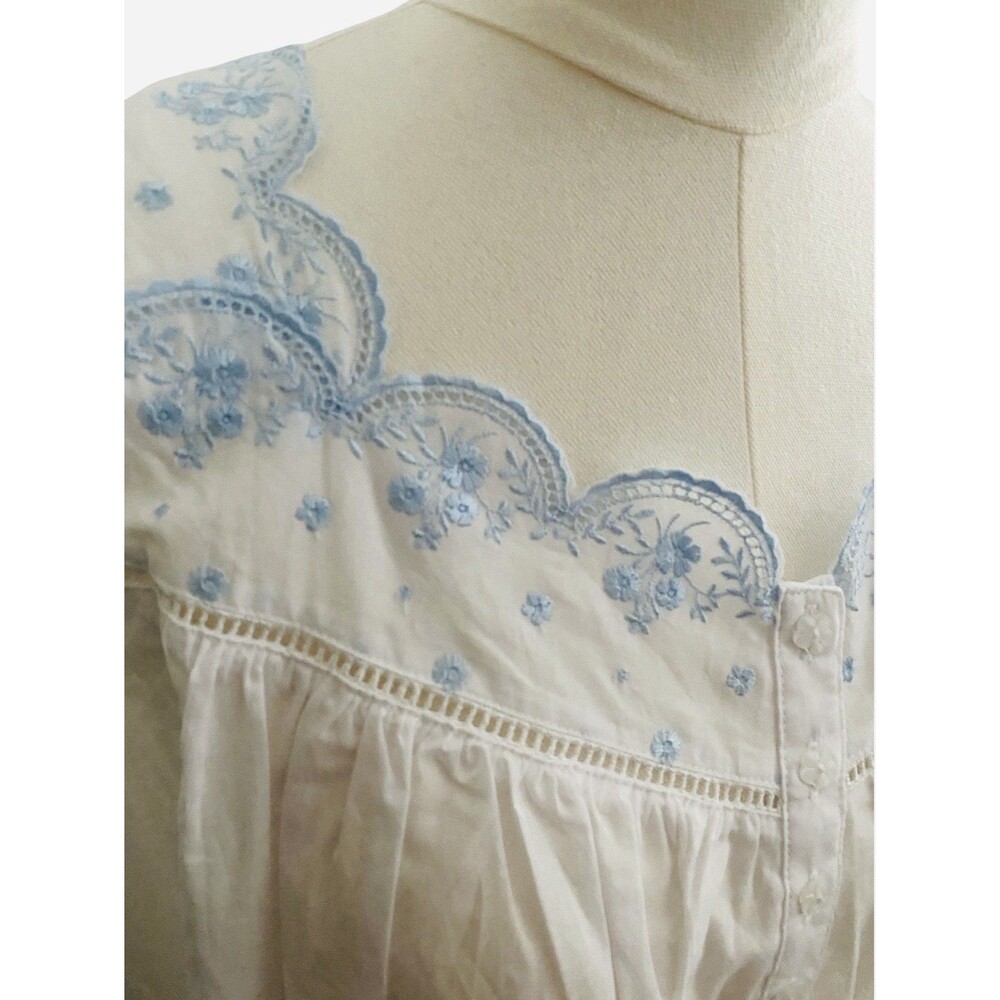 Eileen West Long Nightgown XL Cotton Sleeveless Blue Embroidered Scalloped - Picture 3 of 8